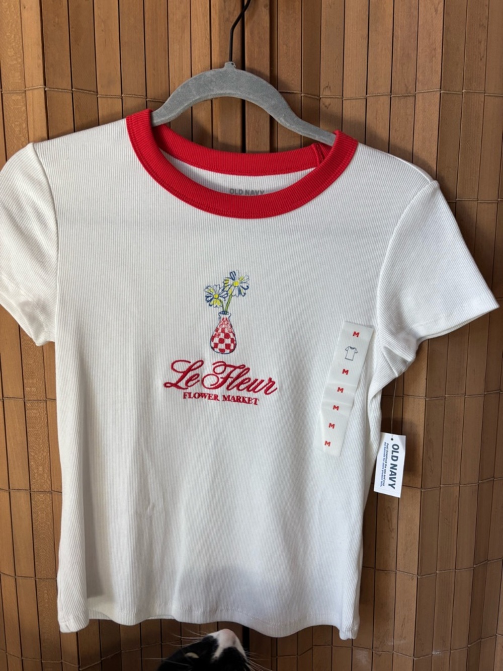 Old Navy White Tee with Red Ringer and Floral 'Le Fleur' Embroidery